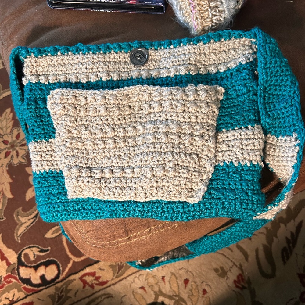 Handmade Teal and Cream Crochet Bag